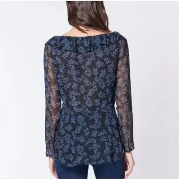 Veronica Beard Womens 8 Silk Floral Blouse Boyce Blue Black Peplum Ruffle Long - Picture 3 of 12